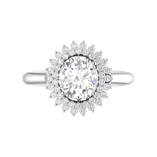 Regal Round: Luxe Sunburst Halo Diamond Ring With Round Diamond