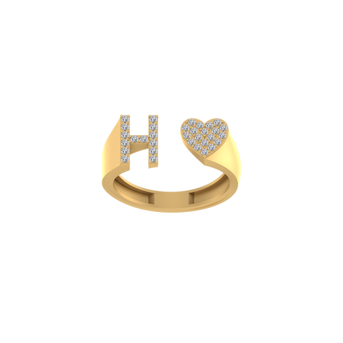 Golden Grace: 14K Gold Heart Initial H Ring Glittering with Diamonds"