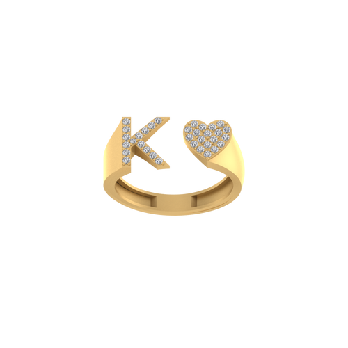 14K Solid Gold Heart Intital K RIng