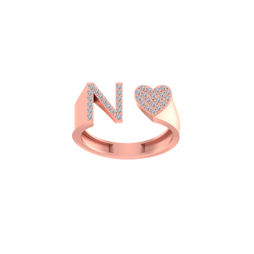 Infinite Love: 14K Gold Heart Initial N Ring embellished with Diamonds