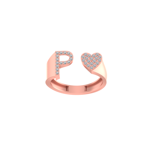 Pure Passion: 14K Gold Heart-Shaped Initial P Ring Adorned with Diamonds