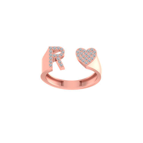 Radiant Love: 14K Gold Heart Initial R Ring adorned with Diamonds