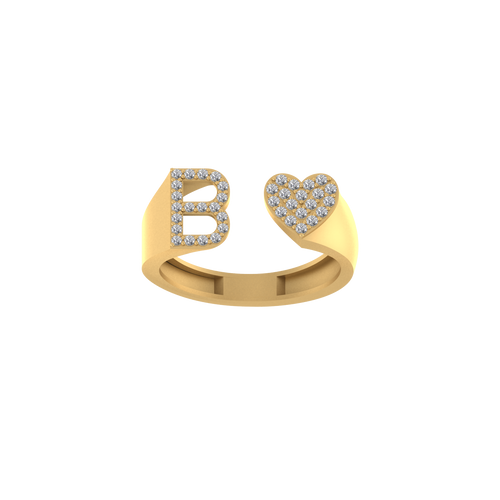 Radiant Elegance: 14K Gold Heart Initial B Ring with Diamonds