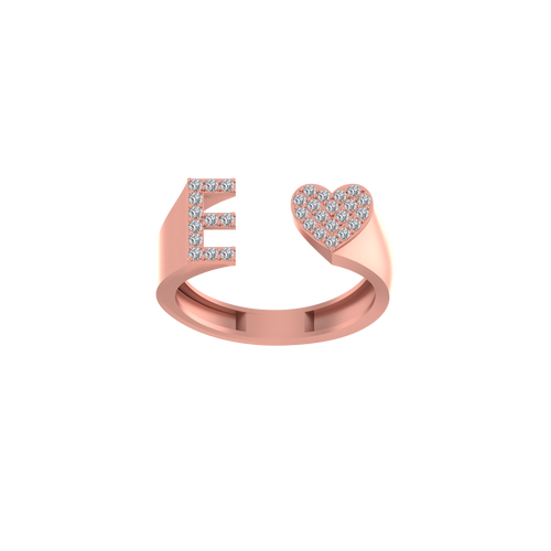 Elegant Affection: Heart-Shaped 14K Gold Initial E Ring with Diamond Sparkle