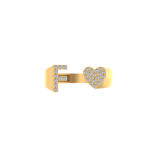 Golden Glow: 14K Gold Heart-Shaped 'F' Initial Ring Dazzling with Diamonds