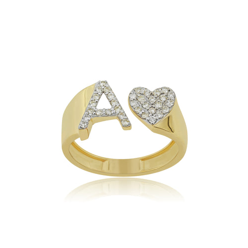 Radiant Affection: 14K Gold Heart Initial A Ring Adorned with Diamonds