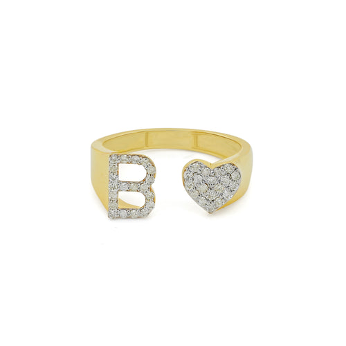 Radiant Elegance: 14K Gold Heart Initial B Ring with Diamonds