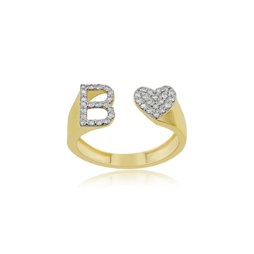 Radiant Elegance: 14K Gold Heart Initial B Ring with Diamonds