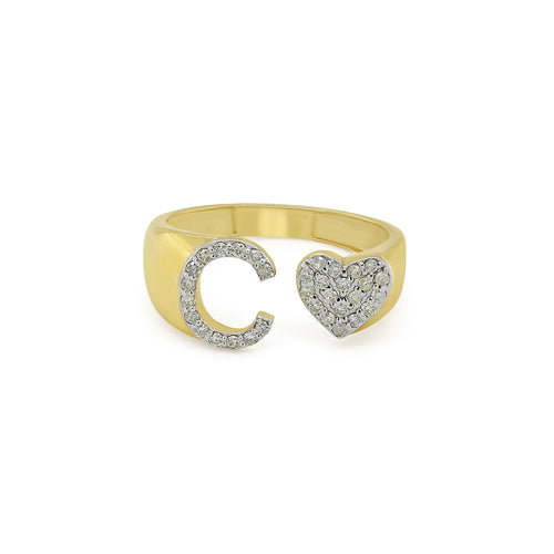 Eternal Devotion: 14K Gold Heart Initial C Ring Adorned with Diamonds