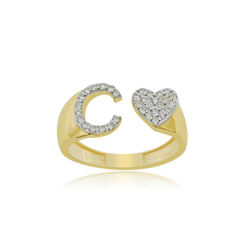 Eternal Devotion: 14K Gold Heart Initial C Ring Adorned with Diamonds