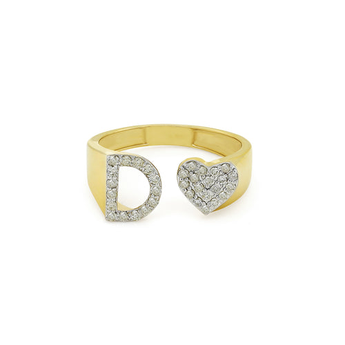 Golden Adoration: Heart-Shaped Initial D Ring in 14K Gold with Diamonds