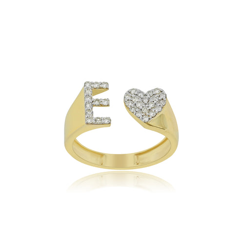 Elegant Affection: Heart-Shaped 14K Gold Initial E Ring with Diamond Sparkle