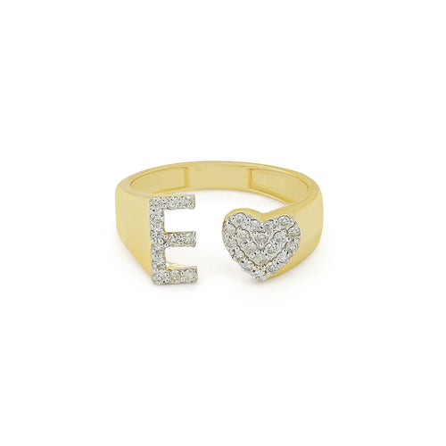 Elegant Affection: Heart-Shaped 14K Gold Initial E Ring with Diamond Sparkle