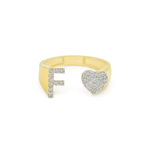 Golden Glow: 14K Gold Heart-Shaped 'F' Initial Ring Dazzling with Diamonds