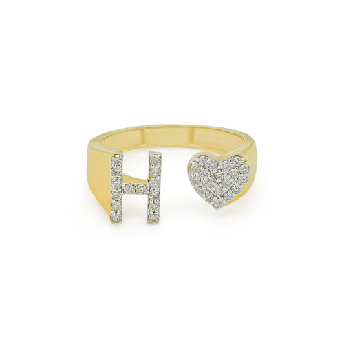 Golden Grace: 14K Gold Heart Initial H Ring Glittering with Diamonds"