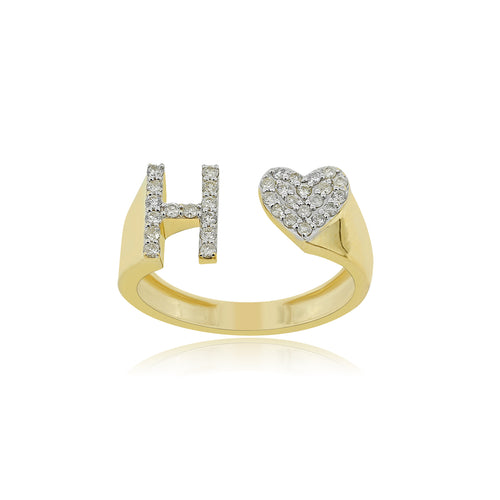 Golden Grace: 14K Gold Heart Initial H Ring Glittering with Diamonds"