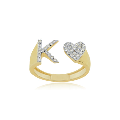 14K Solid Gold Heart Intital K RIng