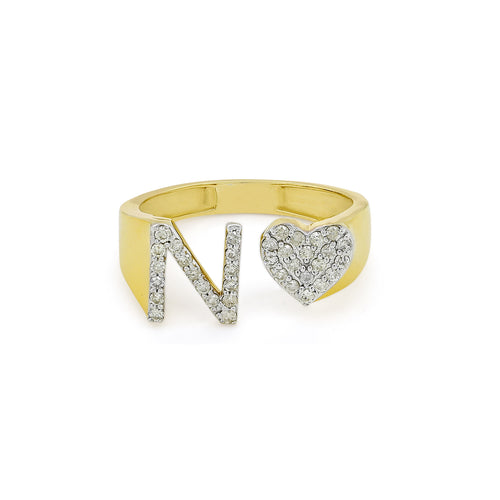 Infinite Love: 14K Gold Heart Initial N Ring embellished with Diamonds