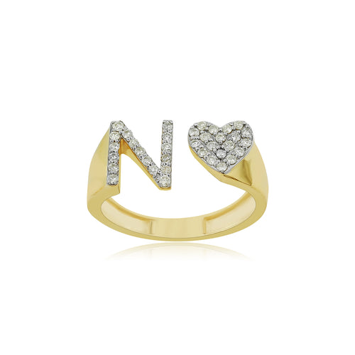 Radiant Affection: 14K Gold Heart Initial A Ring Adorned with Diamonds