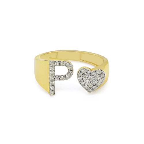 Pure Passion: 14K Gold Heart-Shaped Initial P Ring Adorned with Diamonds