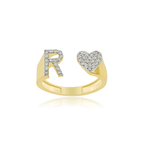 Radiant Love: 14K Gold Heart Initial R Ring adorned with Diamonds