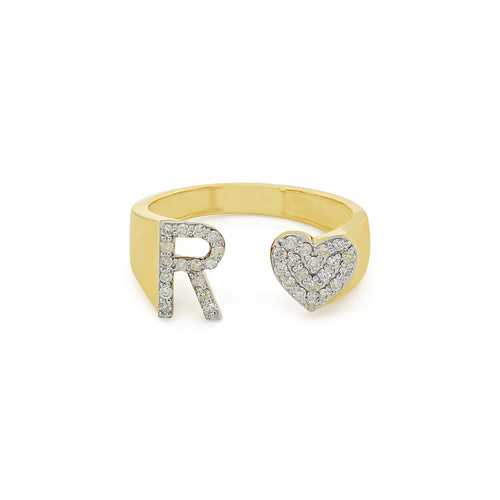 Radiant Love: 14K Gold Heart Initial R Ring adorned with Diamonds