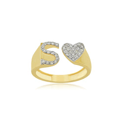 Captivating Love: 14K Gold Heart Initial S Ring Sparkling with Diamonds