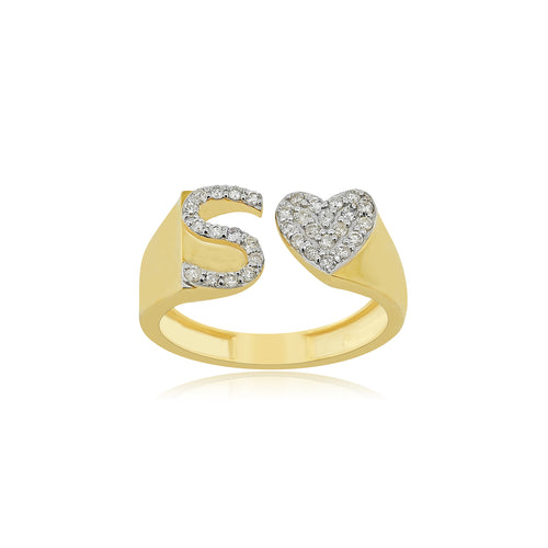 Captivating Love: 14K Gold Heart Initial S Ring Sparkling with Diamonds