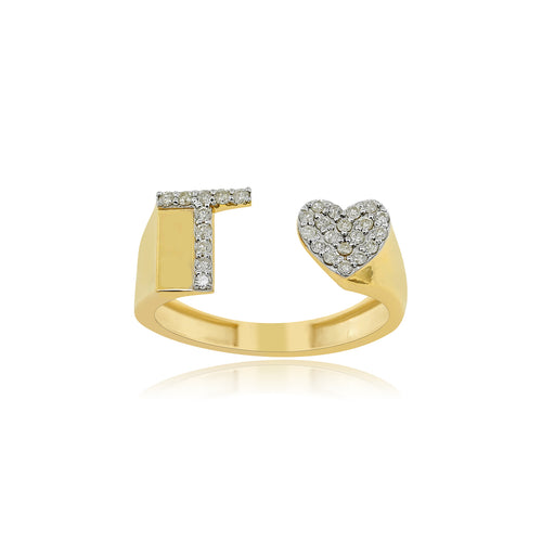 Timeless Treasures: 14K Gold Heart-Shaped Initial T Ring with Diamonds