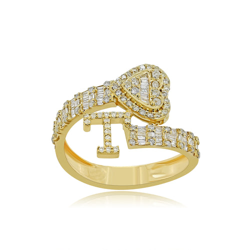 Tender Tribute: 14K Gold Initial T Ring with Heart