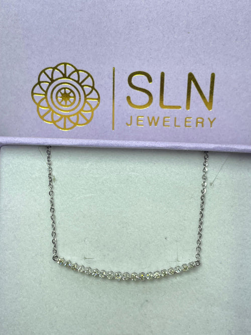 Dazzling Curve: 14K Gold Round Diamond Curve Bar Pendant Necklace