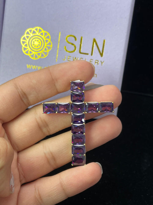 Divine Sparkle: 10K Gold Gemstone Cross Pendant