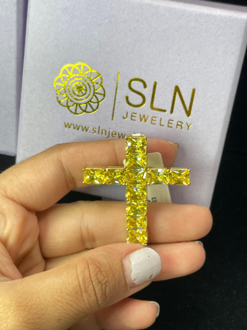 Divine Sparkle: 10K Gold Gemstone Cross Pendant