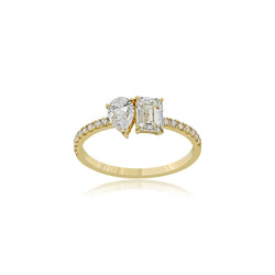 14K GOLD PEAR & EMERALD CUT DIAMOND TOI ET MOI RING - 1.16 CT MODERN STATEMENT RING