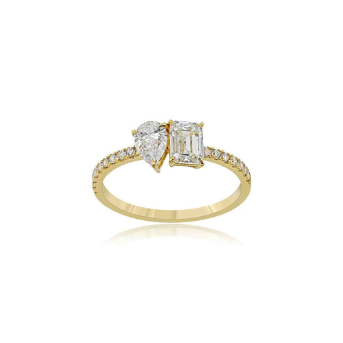 14K GOLD PEAR & EMERALD CUT DIAMOND TOI ET MOI RING - 1.16 CT MODERN STATEMENT RING