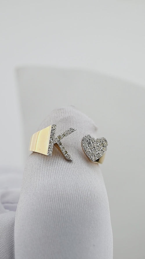 14K Solid Gold Heart Intital K RIng