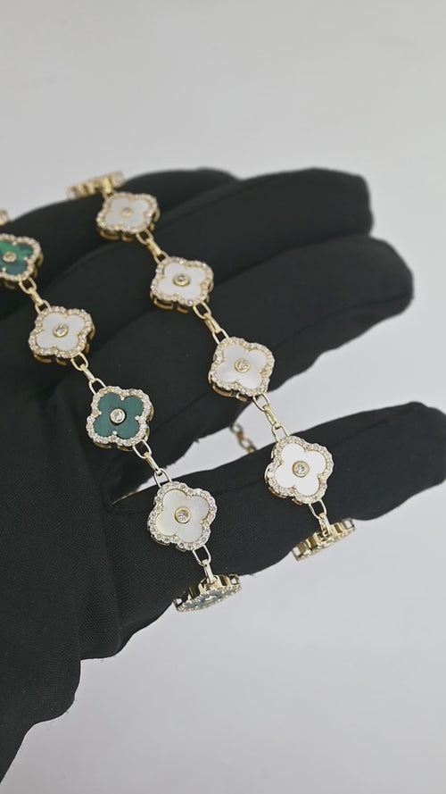 14K Gold Floral Diamond & Gemstone Bracelet | Elegant Clover Design