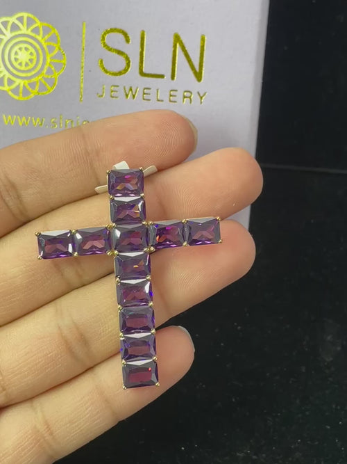 Divine Sparkle: 10K Gold Gemstone Cross Pendant