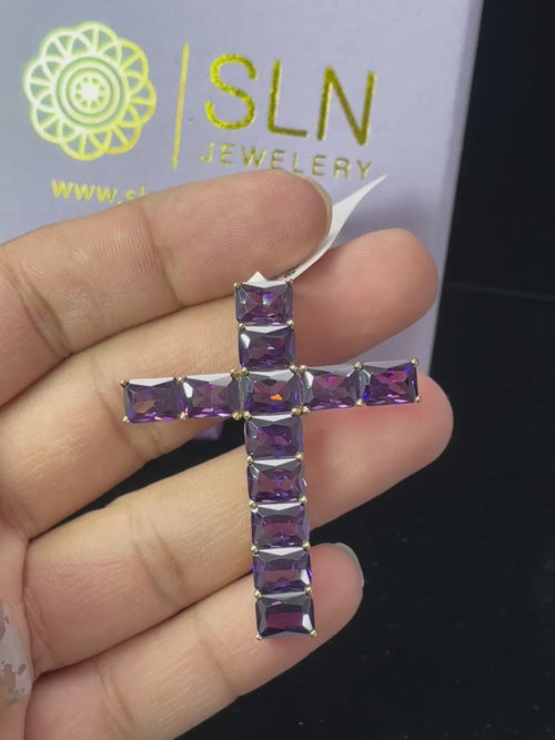 Divine Sparkle: 10K Gold Gemstone Cross Pendant