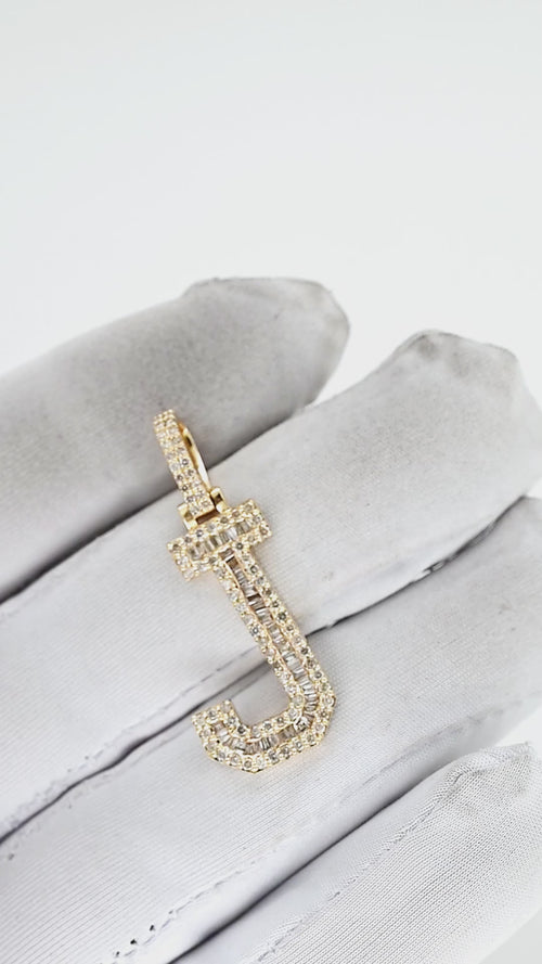 Jeweled Elegance: 14K Gold Baguette 'J' Initial Pendant