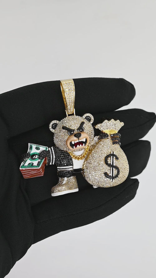 14K Gold Hip-Hop Diamond Bear Pendant | Iced-Out Money Bag Design