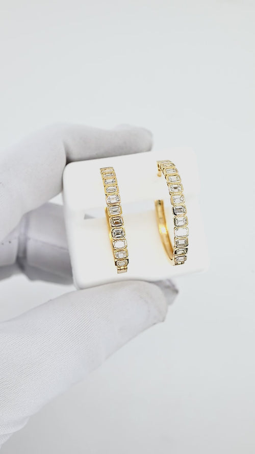 14K GOLD EMERALD-CUT DIAMOND HOOP EARRINGS – ELEGANT INSIDE-OUT DESIGN