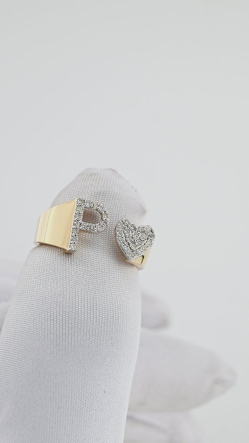 Pure Passion: 14K Gold Heart-Shaped Initial P Ring Adorned with Diamonds